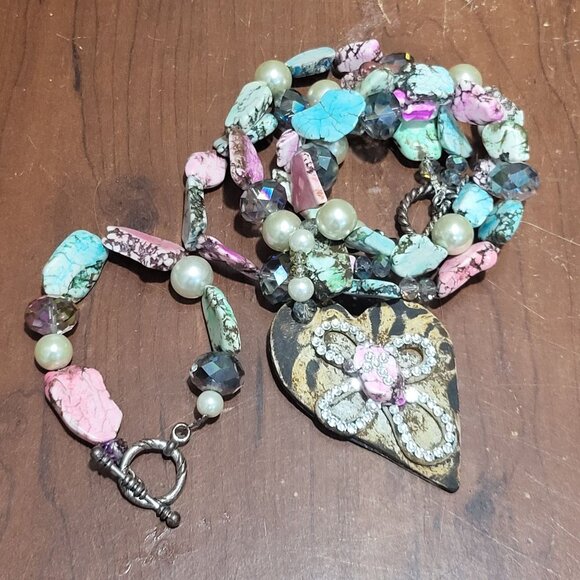 Double Strand Necklace Bracelet Set Double Mixed Pink Turquoise Stone Beads Cros - Picture 4 of 15